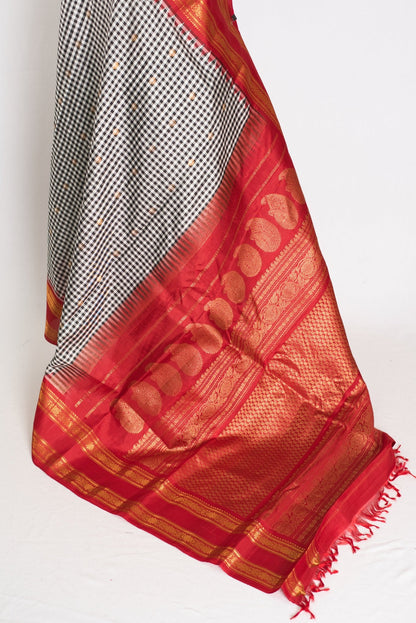 Parvati: Black and White Micro Checks Gadwal Silk Saree with Red Kanji Border - Saree Mandi