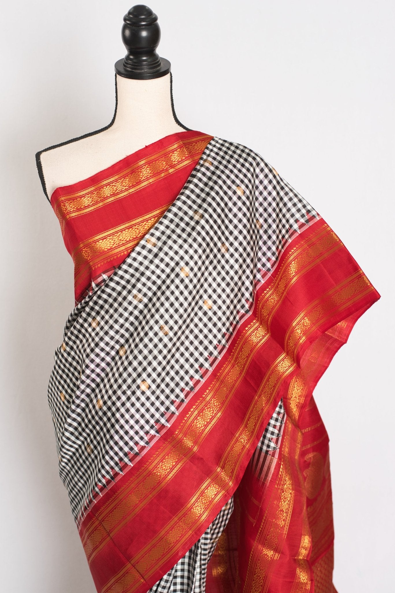 Parvati: Black and White Micro Checks Gadwal Silk Saree with Red Kanji Border - Saree Mandi
