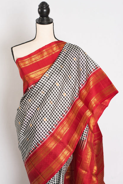 Parvati: Black and White Micro Checks Gadwal Silk Saree with Red Kanji Border - Saree Mandi
