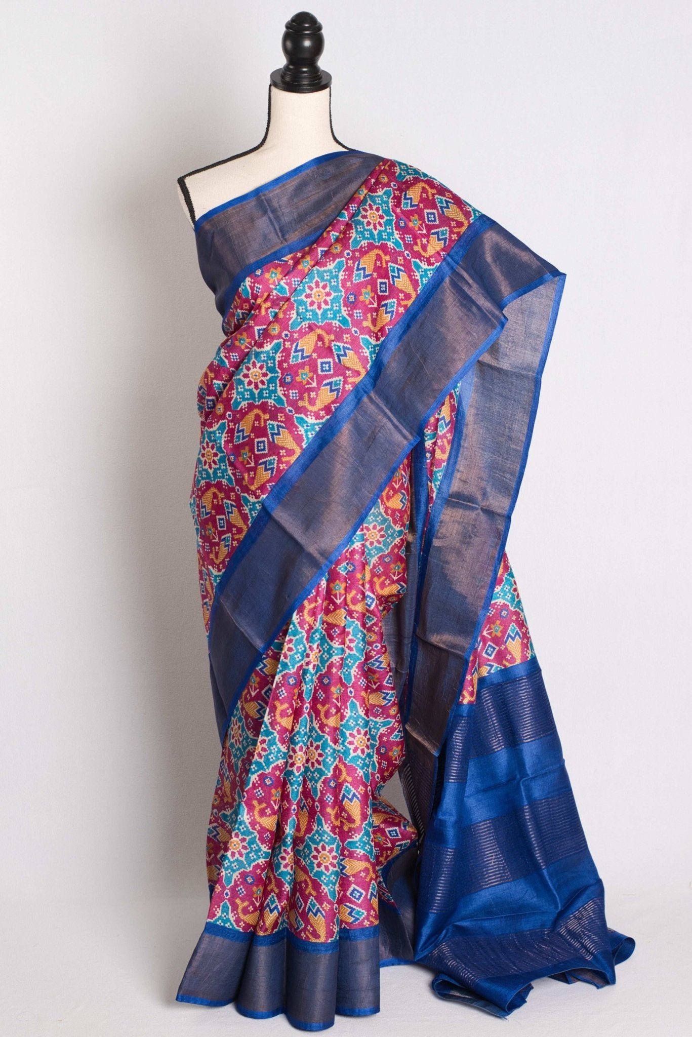 Patola Print Tussar Silk Saree - Bengal Hand Block Printed Silk Saree - Saree Mandi