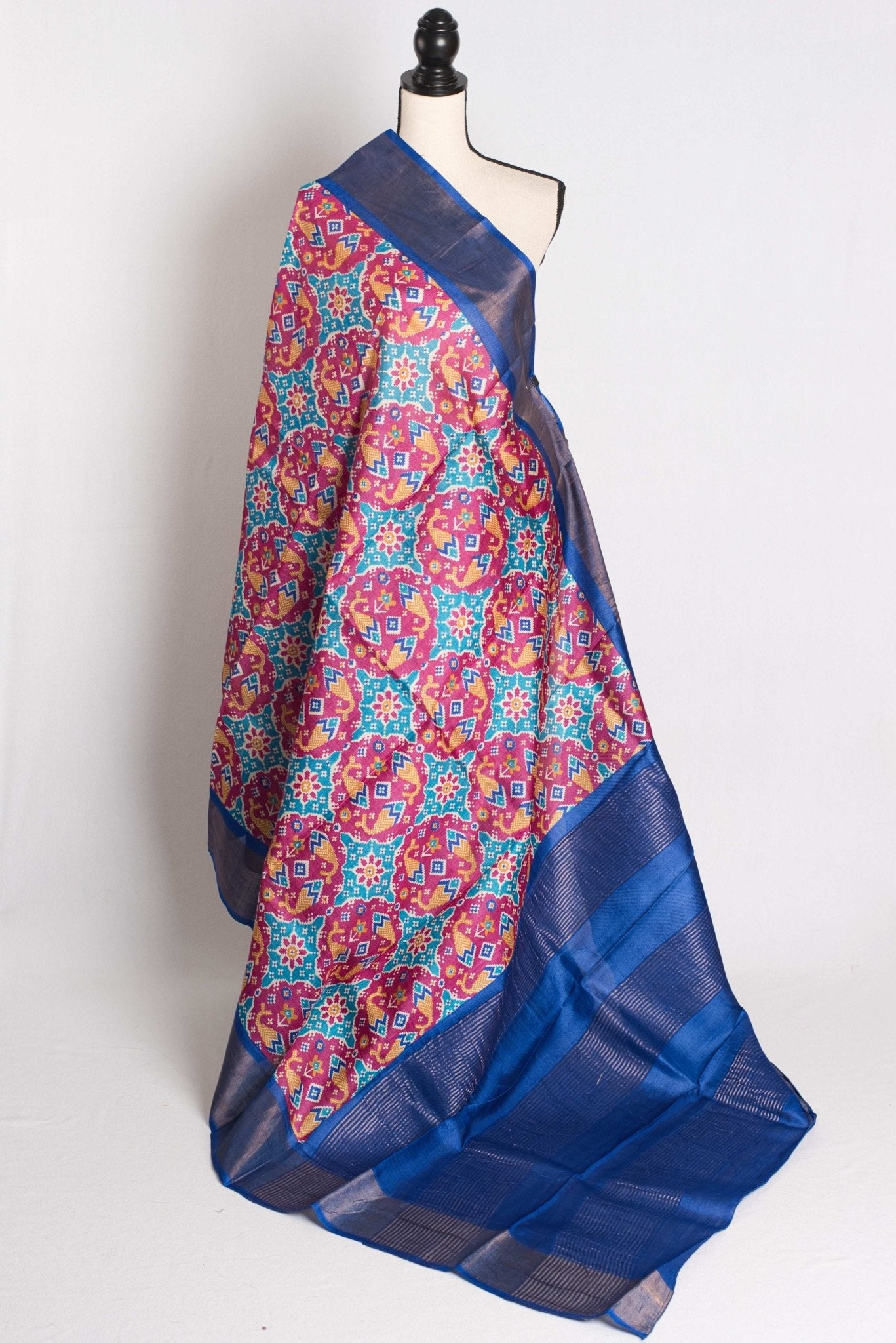 Patola Print Tussar Silk Saree - Bengal Hand Block Printed Silk Saree - Saree Mandi