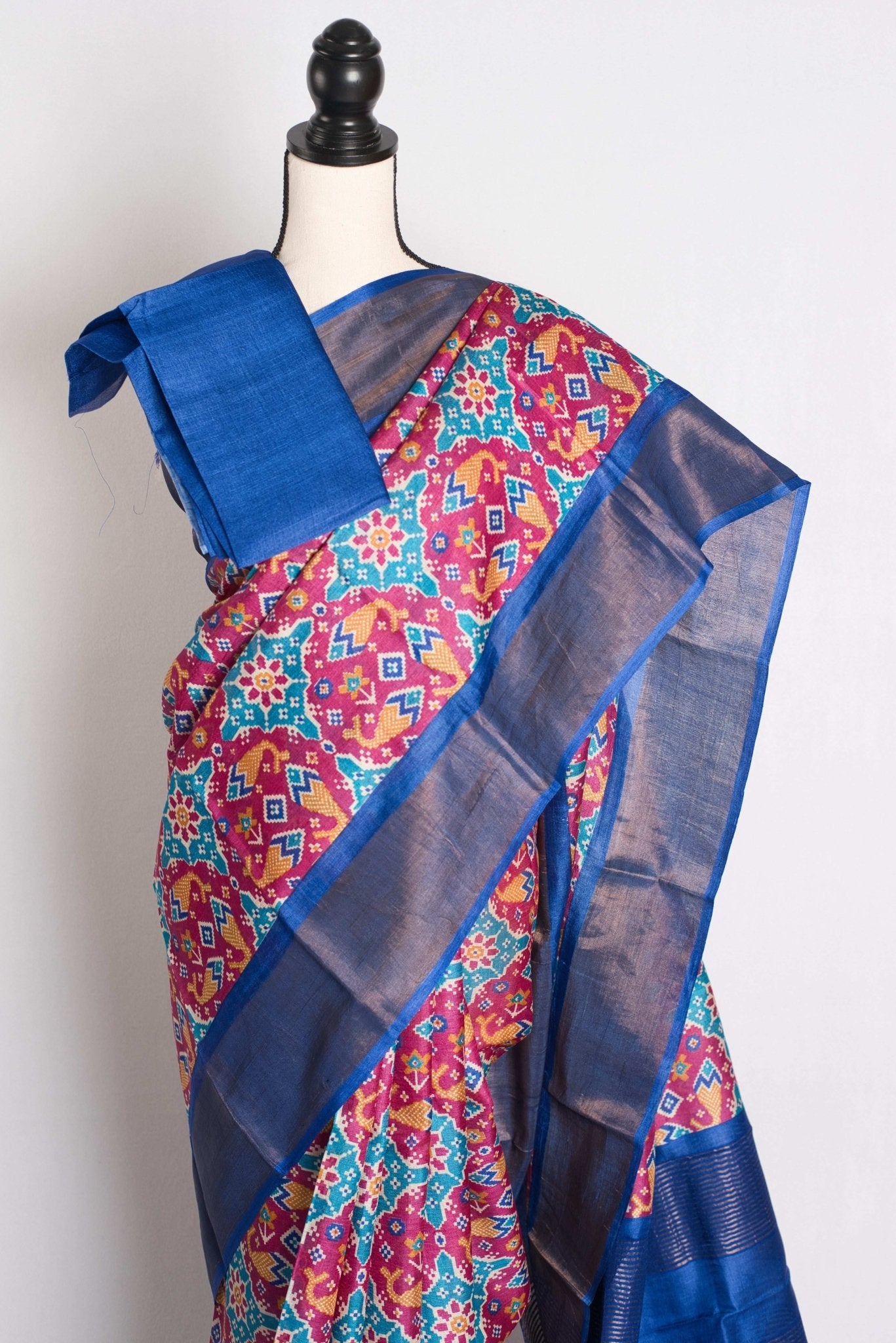 Patola Print Tussar Silk Saree - Bengal Hand Block Printed Silk Saree - Saree Mandi