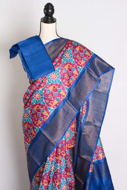 Patola Print Tussar Silk Saree - Bengal Hand Block Printed Silk Saree - Saree Mandi