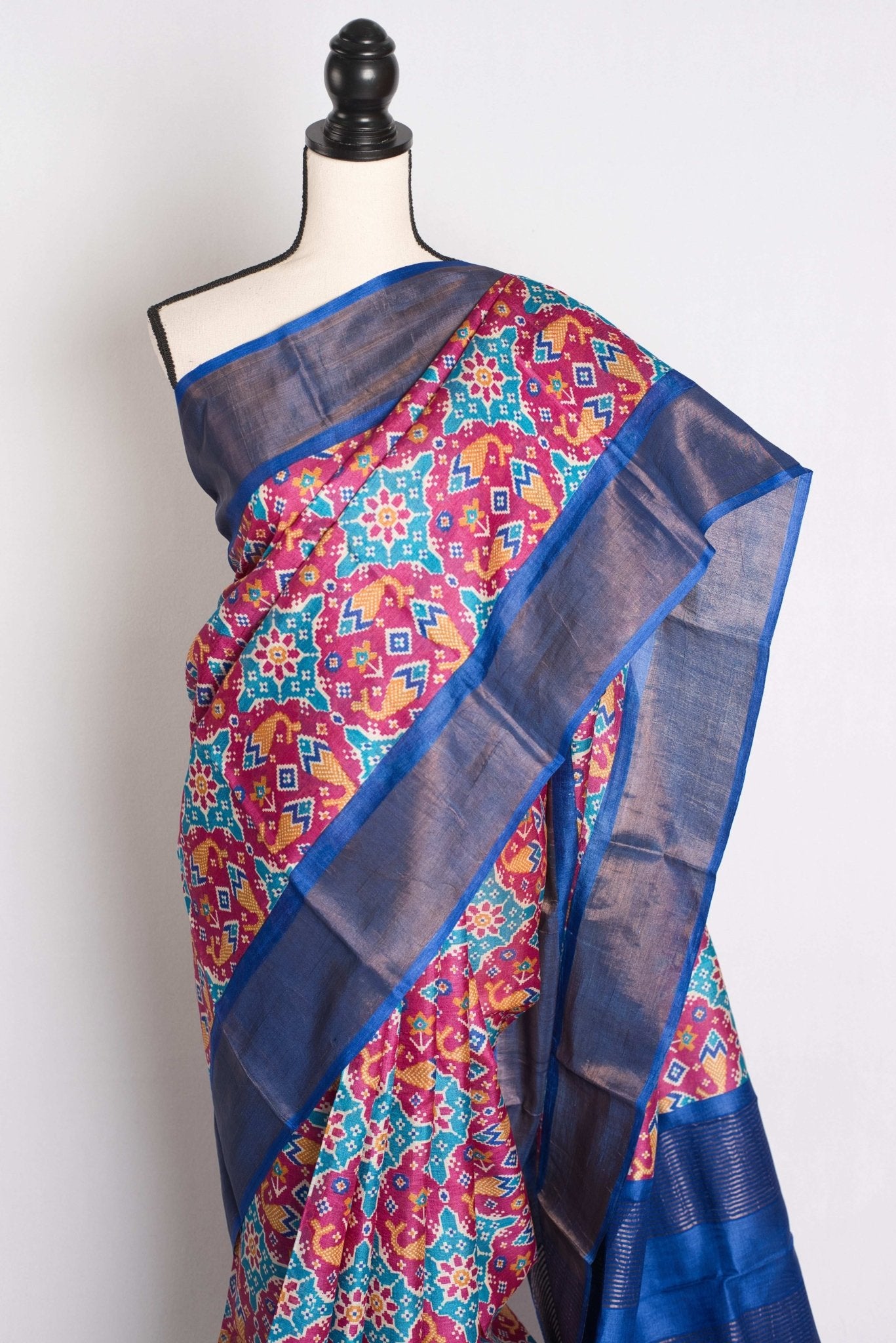 Patola Print Tussar Silk Saree - Bengal Hand Block Printed Silk Saree - Saree Mandi