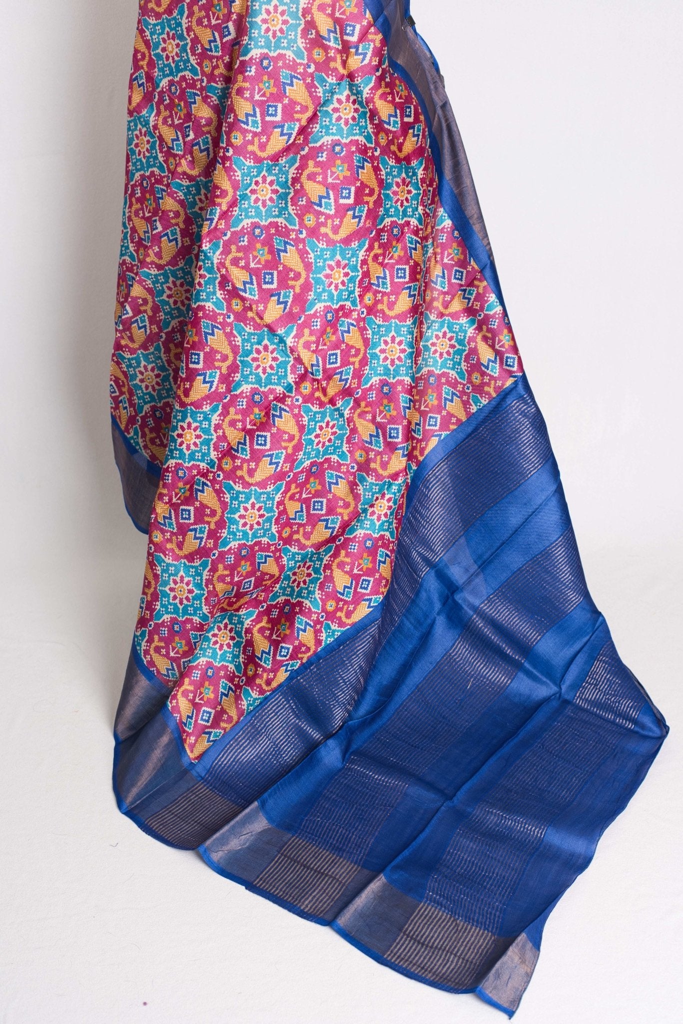 Patola Print Tussar Silk Saree - Bengal Hand Block Printed Silk Saree - Saree Mandi