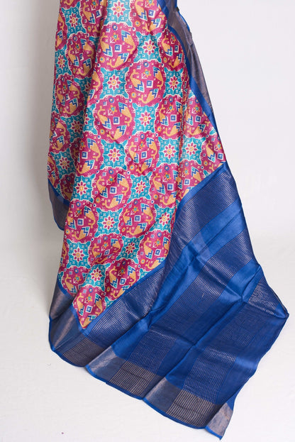 Patola Print Tussar Silk Saree - Bengal Hand Block Printed Silk Saree - Saree Mandi