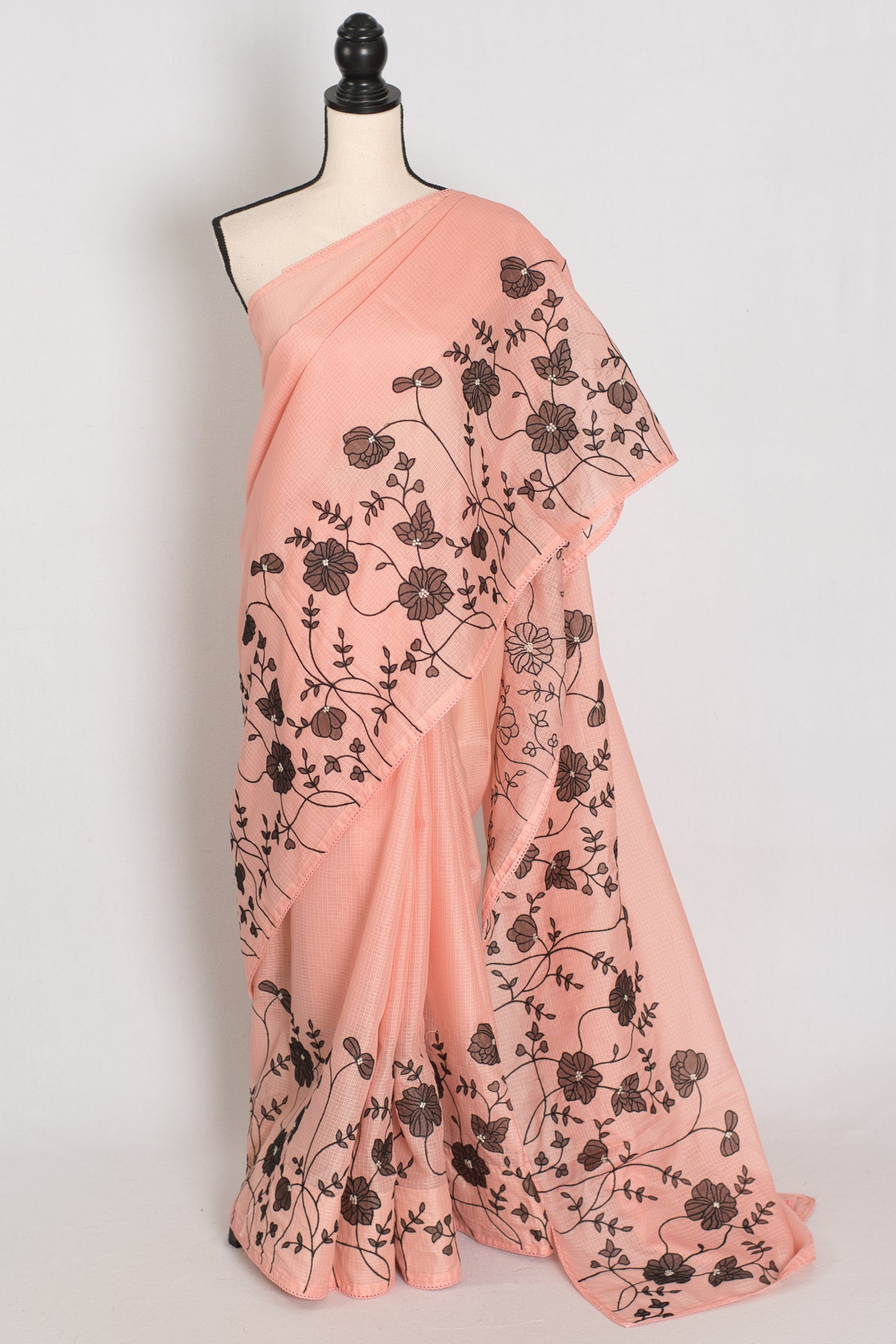 Mandira | Soft Peach & Black Semi Kota Silk Saree | Floral Appliqué image 0