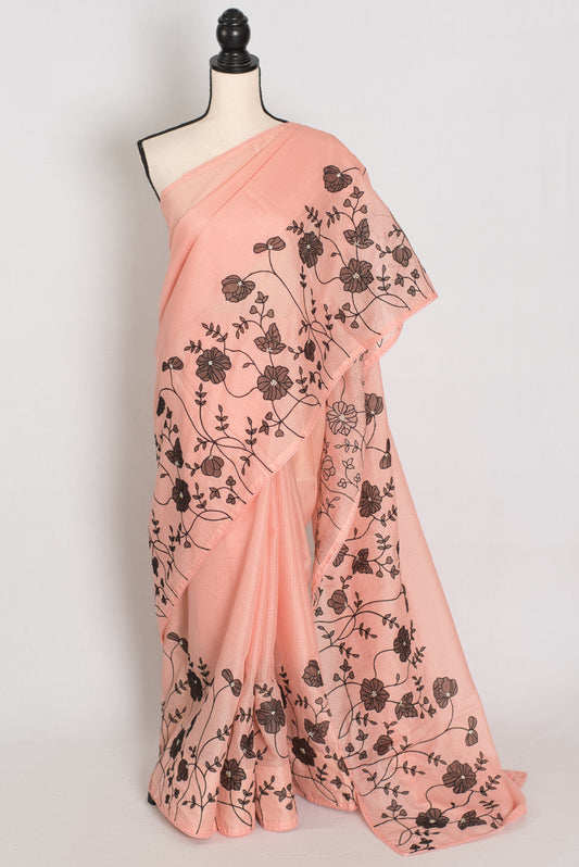 Mandira | Soft Peach & Black Semi Kota Silk Saree | Floral Appliqué image 0
