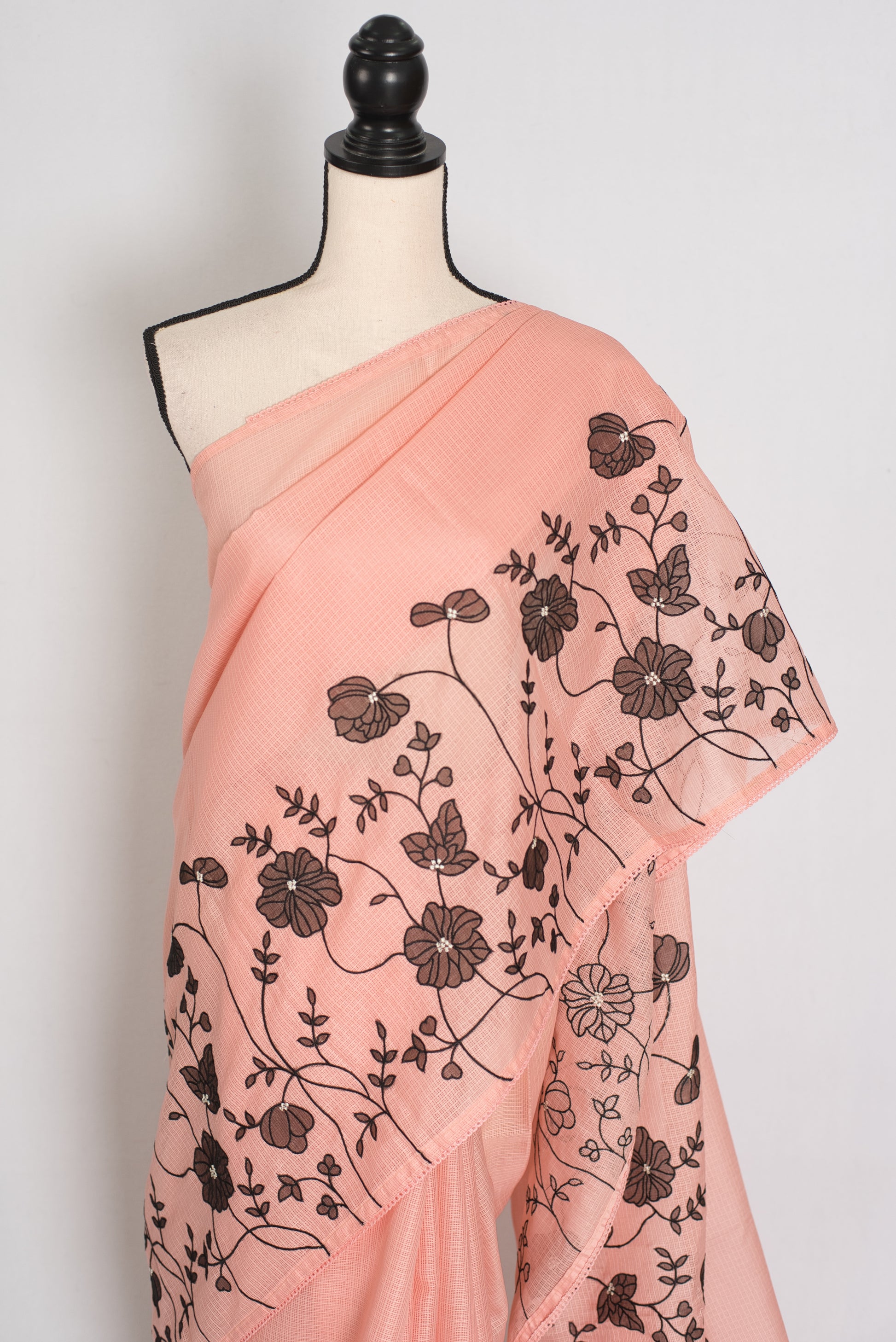 Mandira | Soft Peach & Black Semi Kota Silk Saree | Floral Appliqué image 1