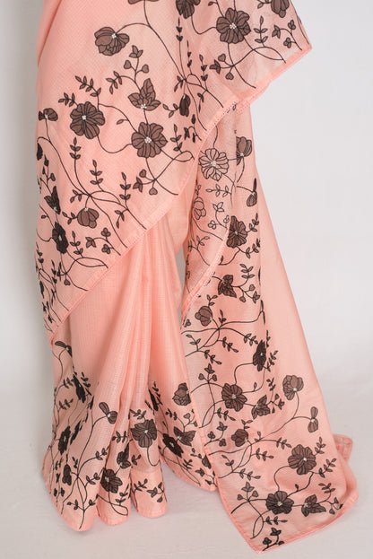 Mandira | Soft Peach & Black Semi Kota Silk Saree | Floral Appliqué image 2