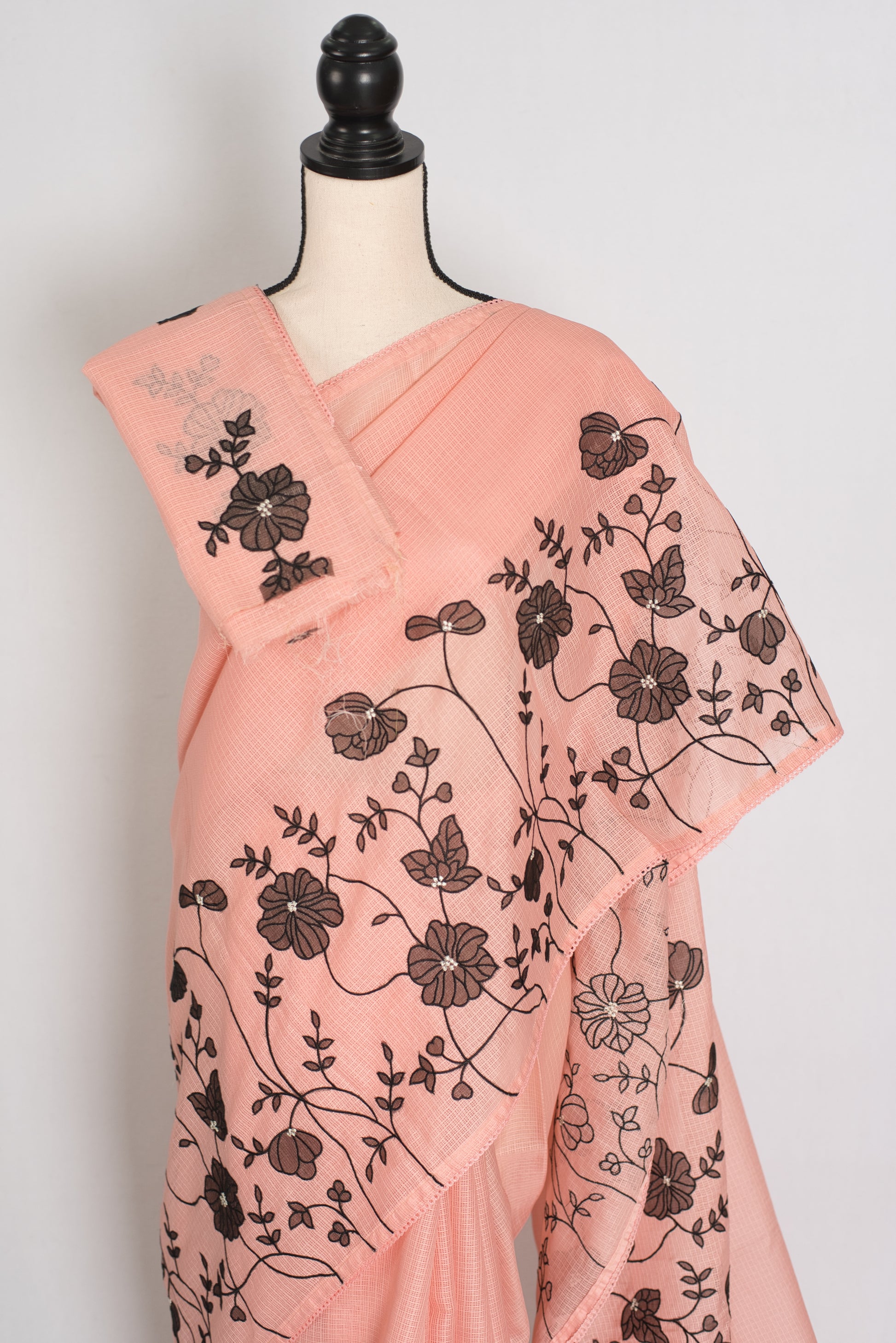 Mandira | Soft Peach & Black Semi Kota Silk Saree | Floral Appliqué image 3