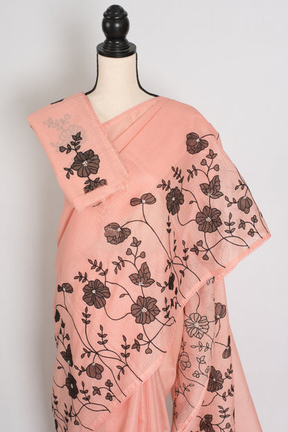 Mandira | Soft Peach & Black Semi Kota Silk Saree | Floral Appliqué image 3