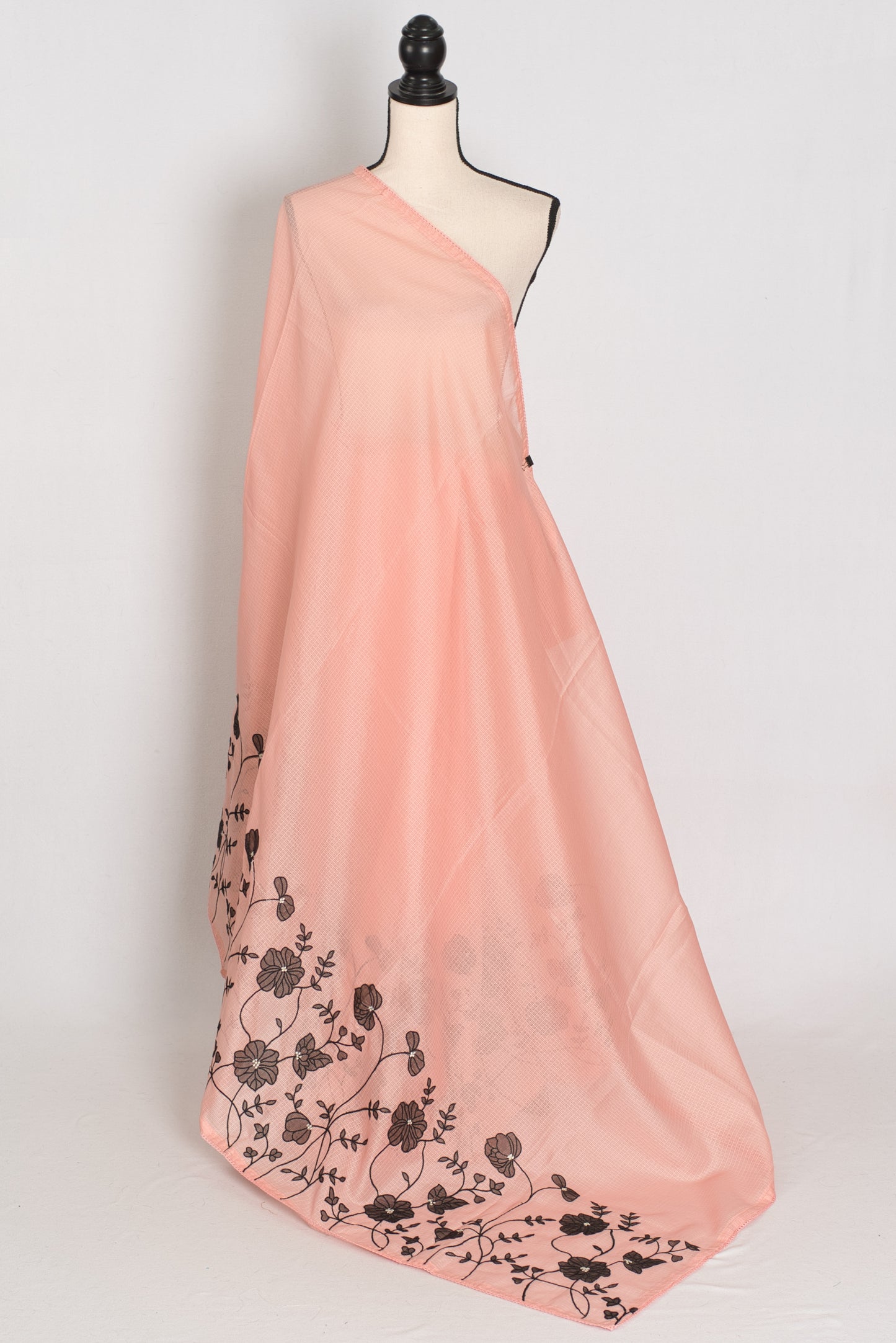 Mandira | Soft Peach & Black Semi Kota Silk Saree | Floral Appliqué image 4