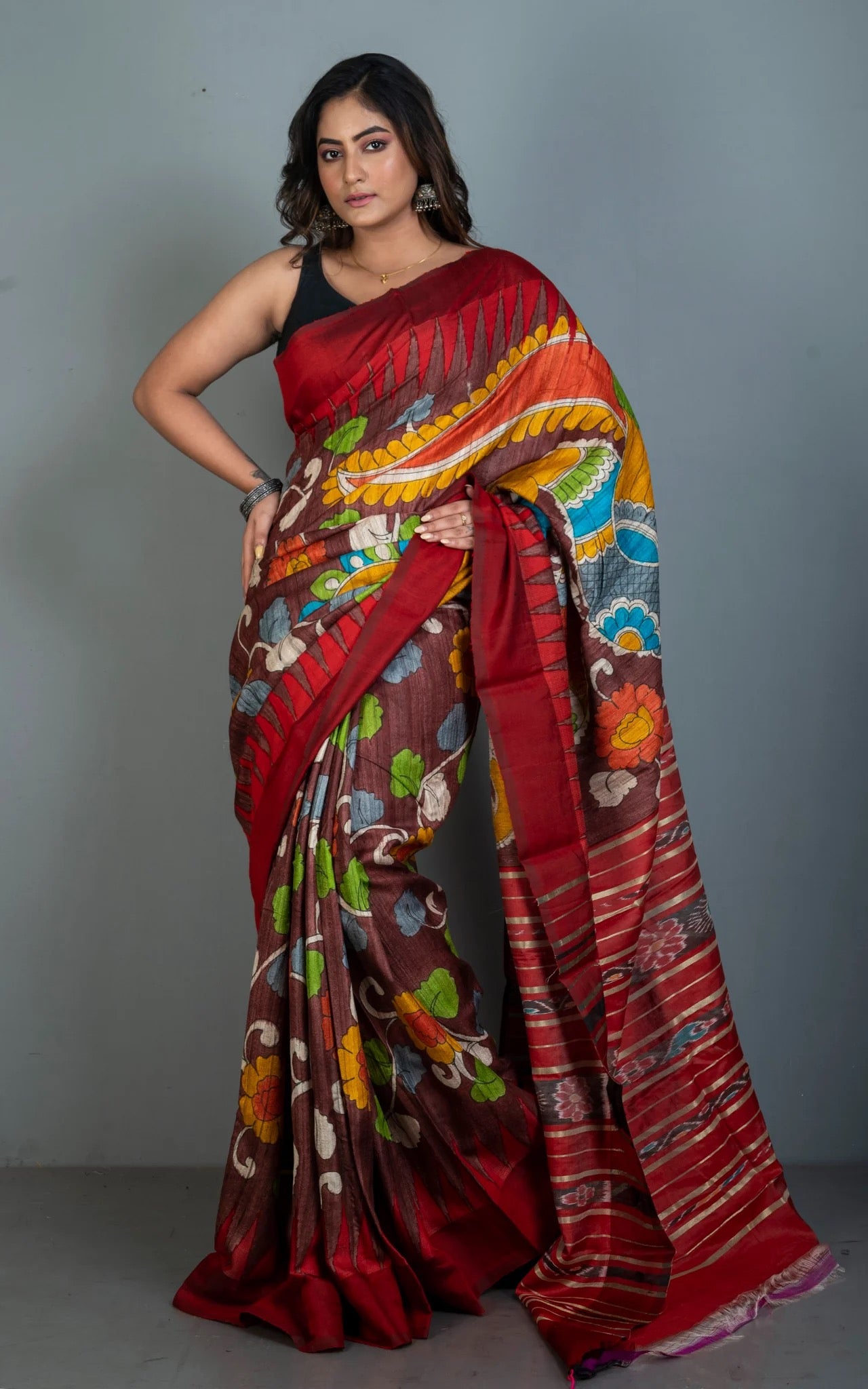 Hand Painted Kalamkari On Sambalpuri Tussar Saree in Chocolate Brown.