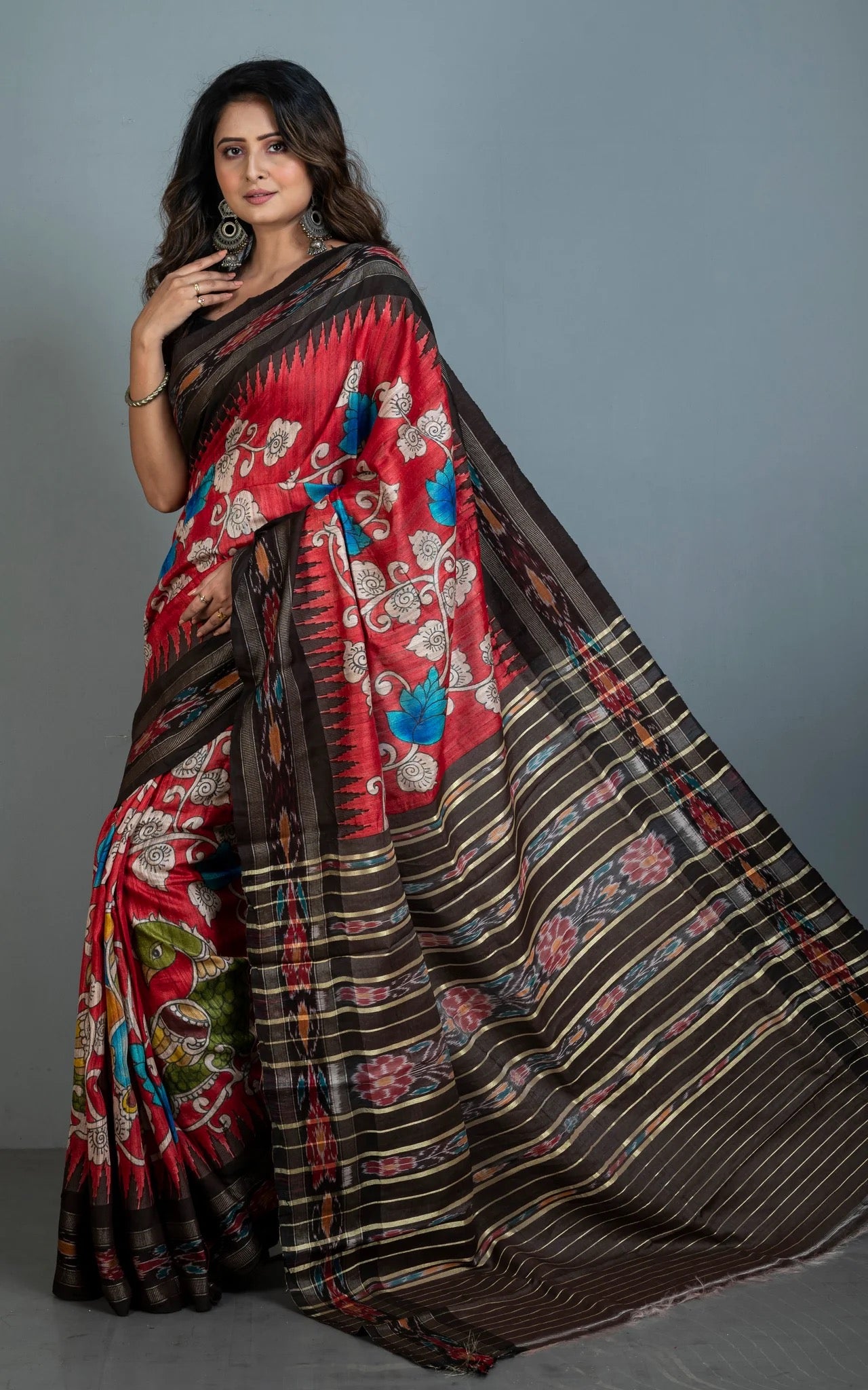 Hand Painted Kalamkari On Sambalpuri Tussar Saree in Red.