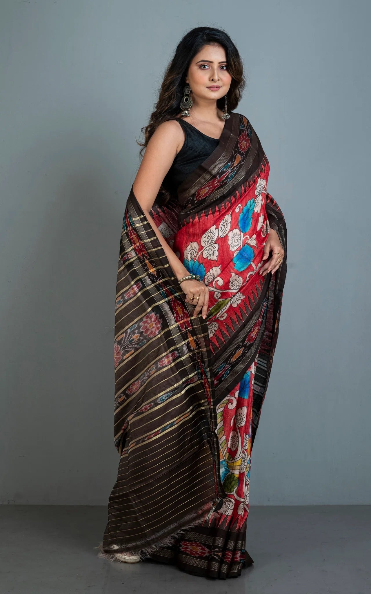 Hand Painted Kalamkari On Sambalpuri Tussar Saree in Red.