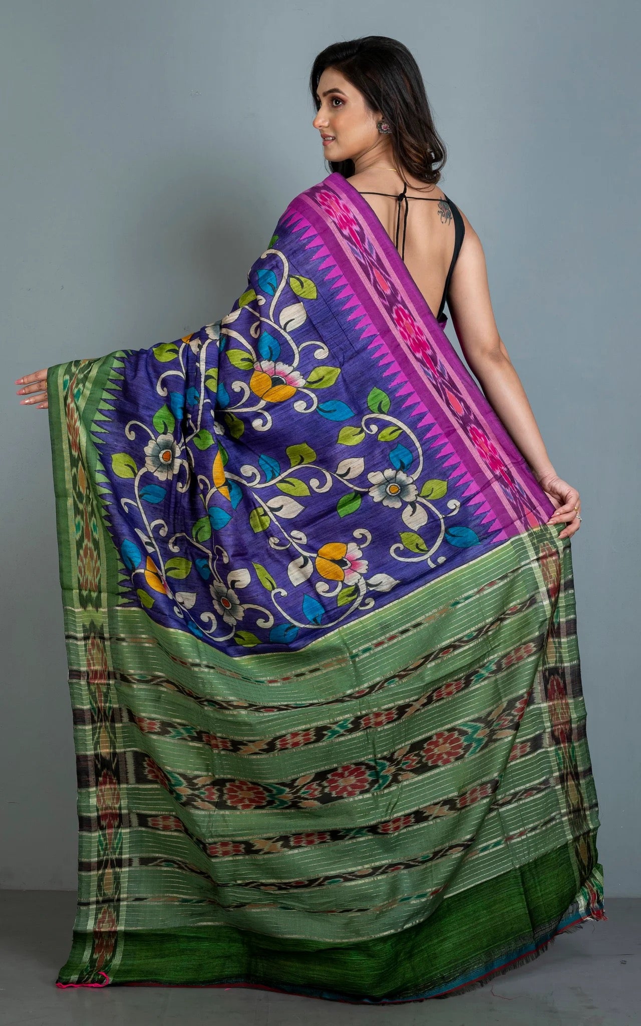 Hand Painted Kalamkari On Sambalpuri Tussar Saree in Purple.