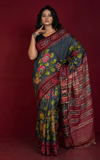 Hand Painted Kalamkari On Sambalpuri Tussar Saree.