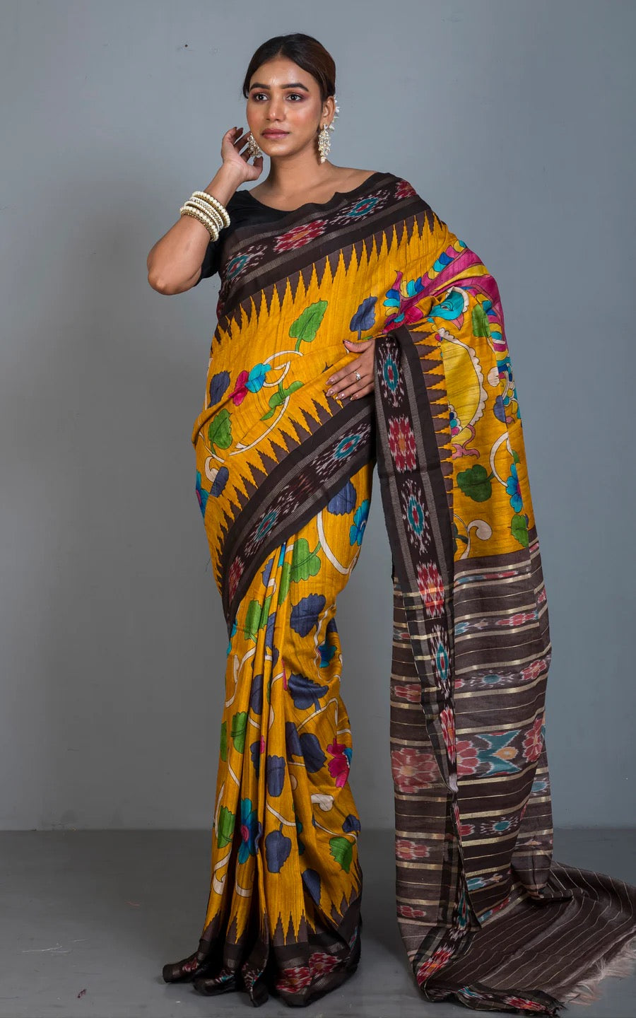 Hand Painted Kalamkari On Sambalpuri Tussar Saree in Yellow.