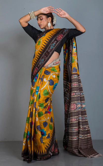 Hand Painted Kalamkari On Sambalpuri Tussar Saree in Yellow.