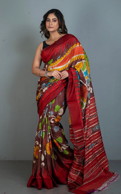 Hand Painted Kalamkari On Sambalpuri Tussar Saree in Chocolate Brown.