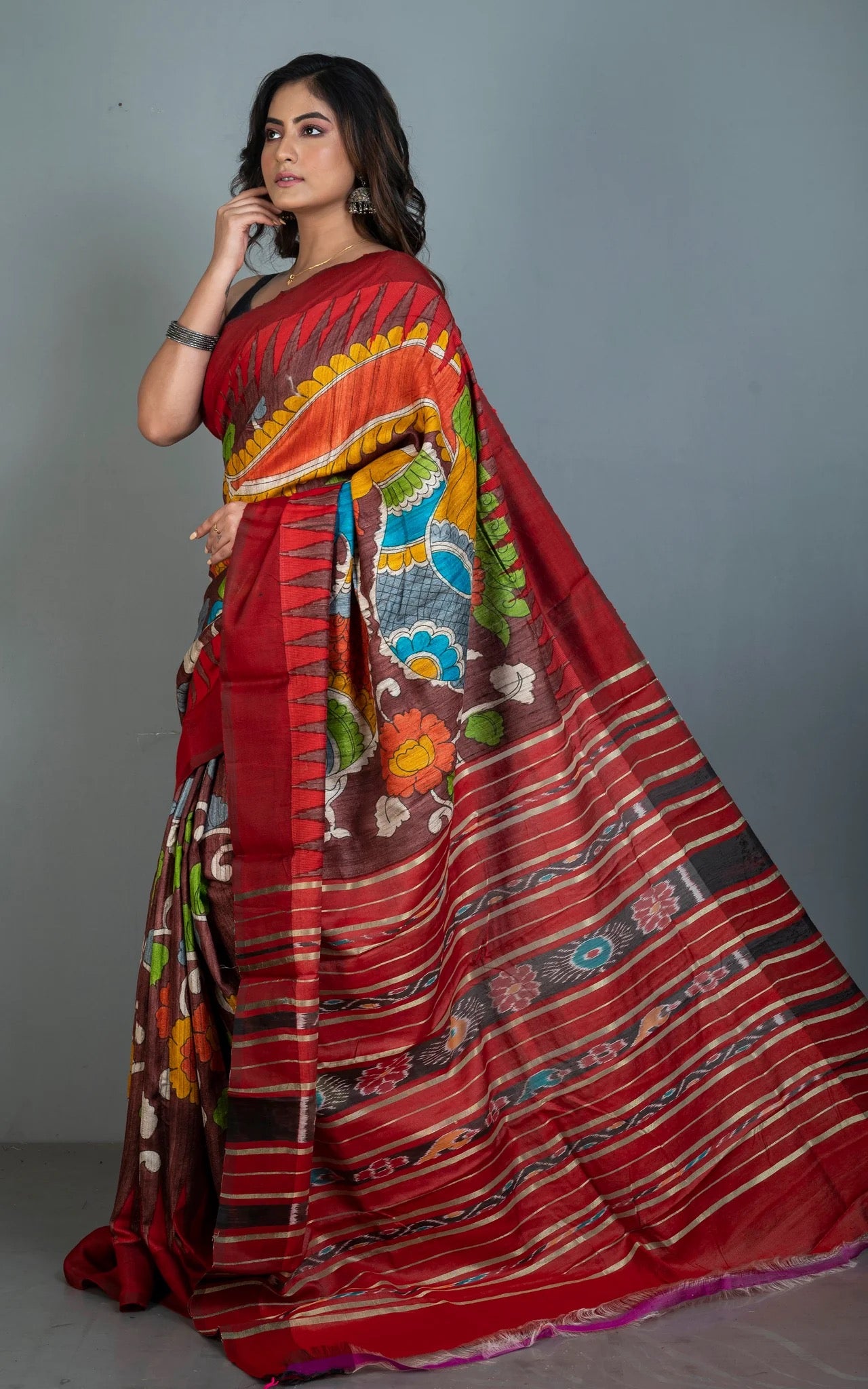 Hand Painted Kalamkari On Sambalpuri Tussar Saree in Chocolate Brown.