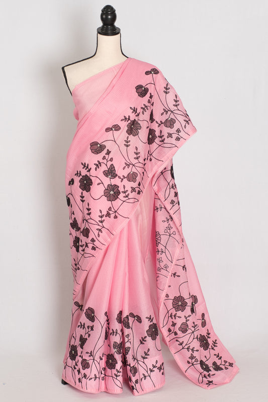 Neha | Pink Semi Kota Silk Saree with Appliqué Work & Machine Embroidery image 0