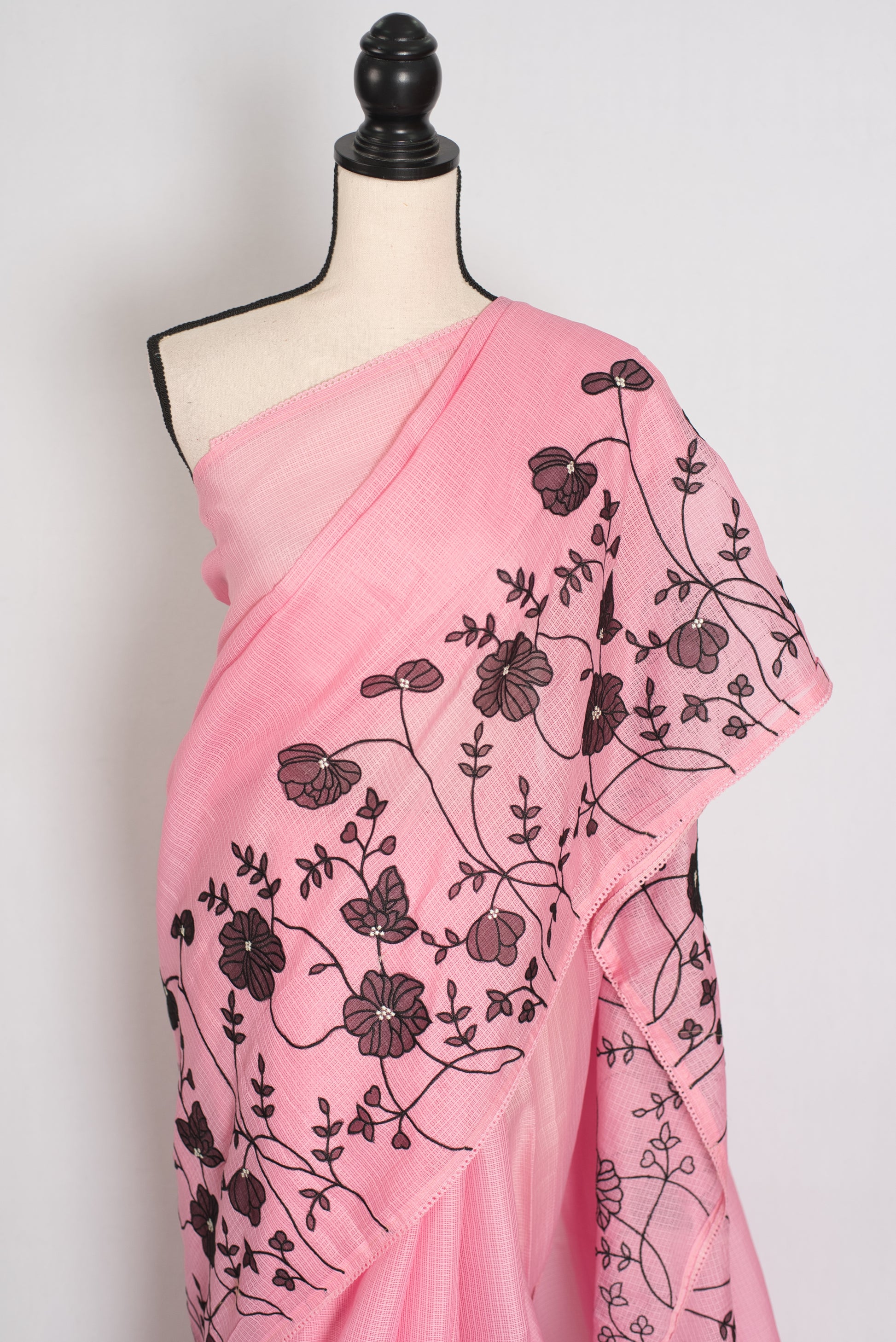 Neha | Pink Semi Kota Silk Saree with Appliqué Work & Machine Embroidery image 1