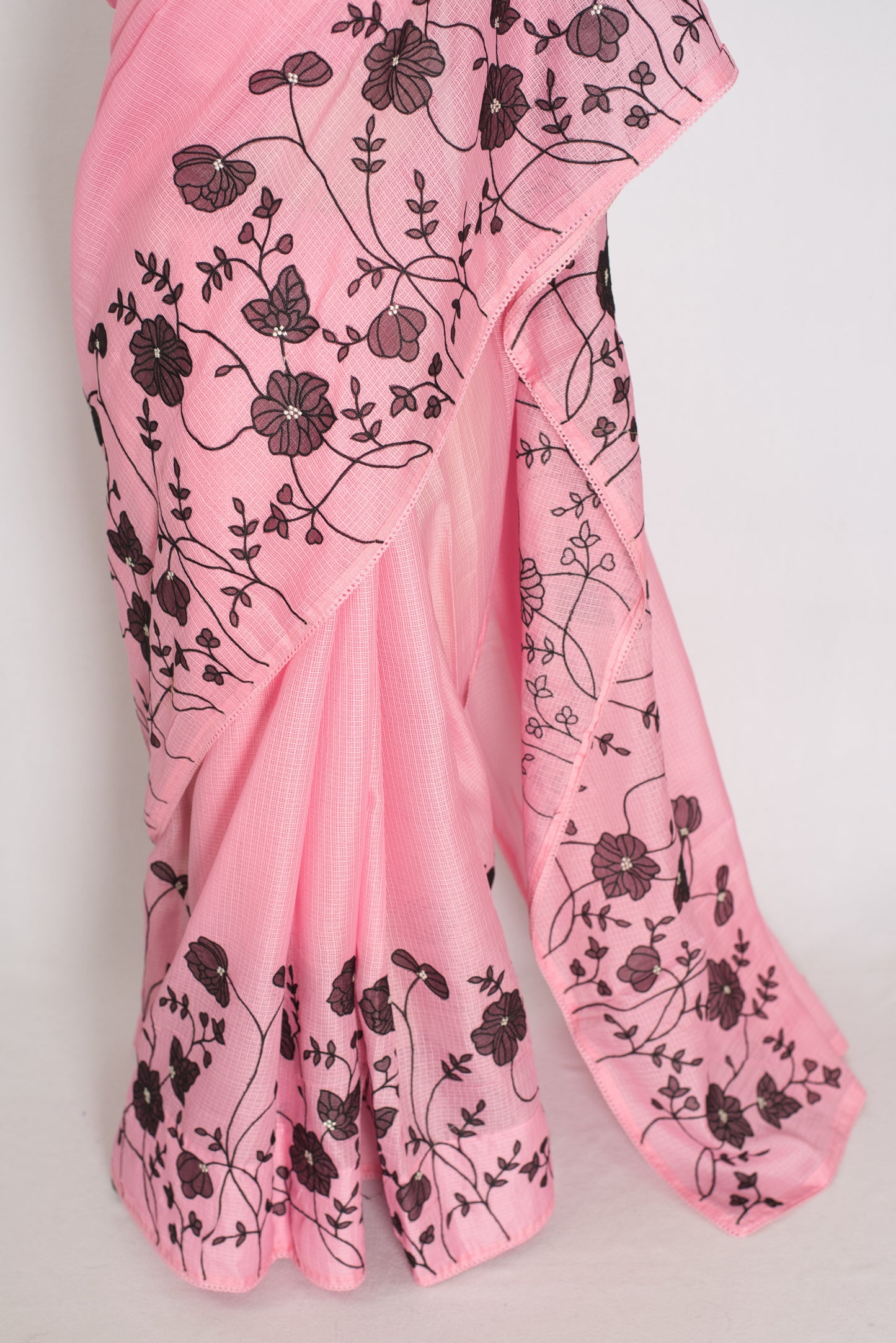 Neha | Pink Semi Kota Silk Saree with Appliqué Work & Machine Embroidery image 2