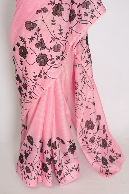 Neha | Pink Semi Kota Silk Saree with Appliqué Work & Machine Embroidery image 2