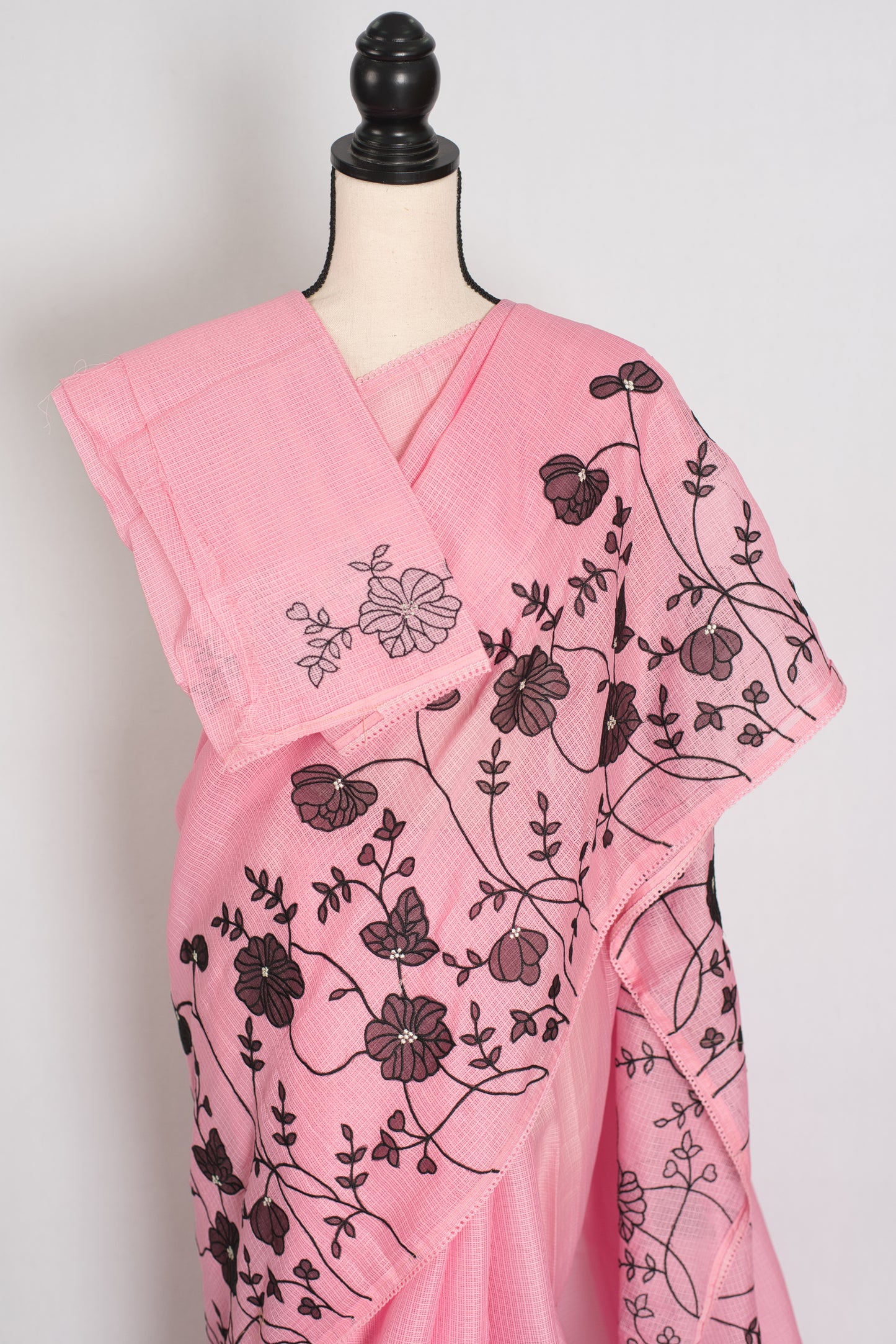 Neha | Pink Semi Kota Silk Saree with Appliqué Work & Machine Embroidery image 3