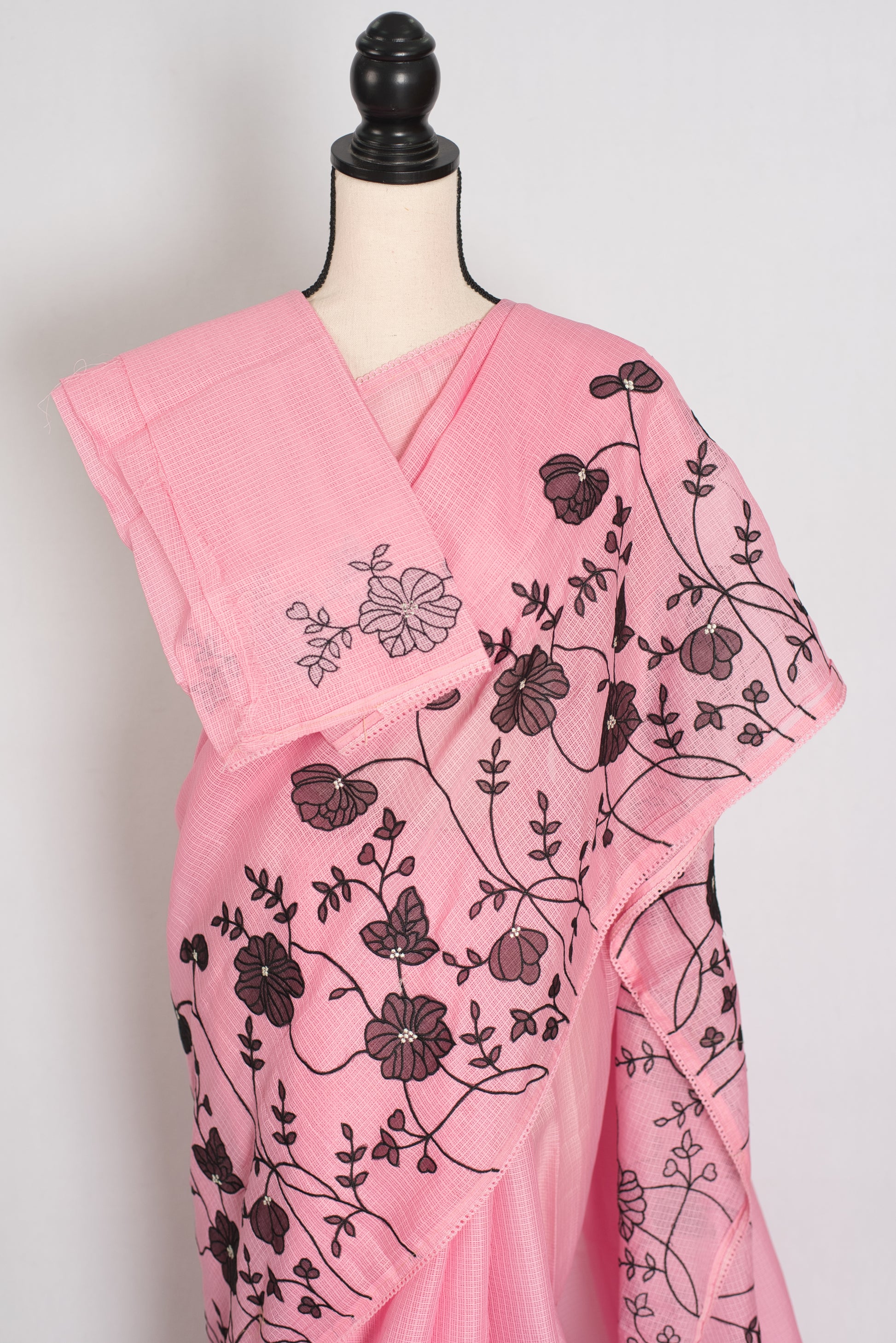 Neha | Pink Semi Kota Silk Saree with Appliqué Work & Machine Embroidery image 3