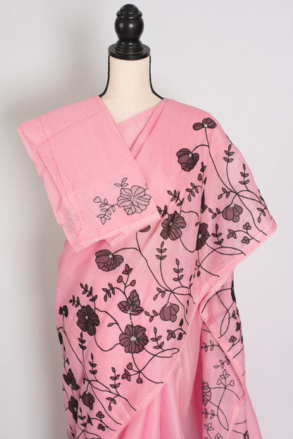 Neha | Pink Semi Kota Silk Saree with Appliqué Work & Machine Embroidery image 3