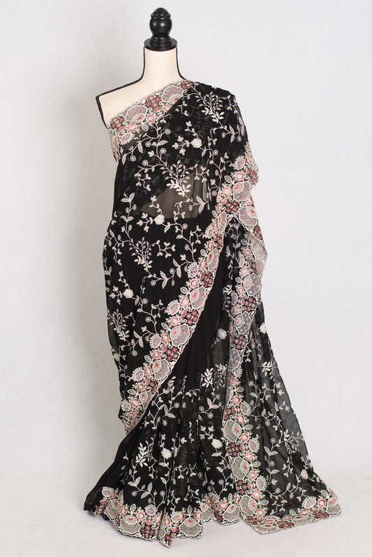 Piya : Black Designer Georgette Embroidery Saree - Saree Mandi