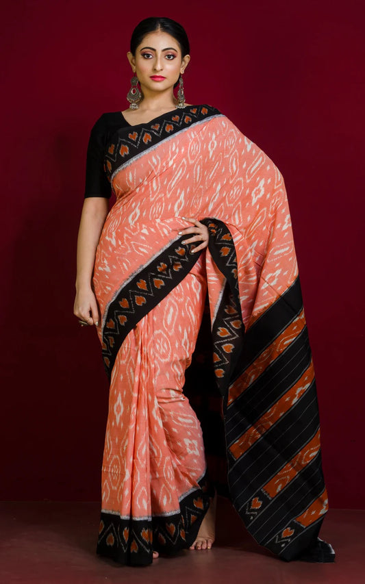Soft Cotton Ikkat Pochampally Saree in Pale Orange.