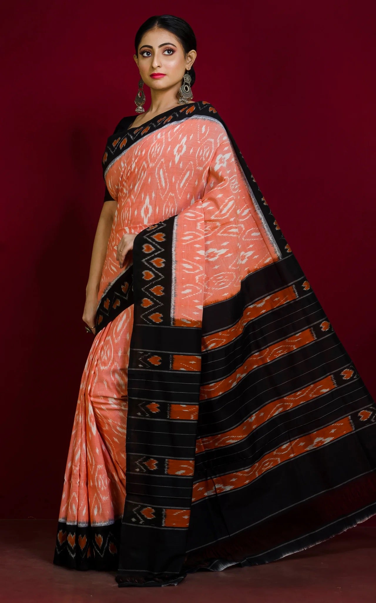 Soft Cotton Ikkat Pochampally Saree in Pale Orange.