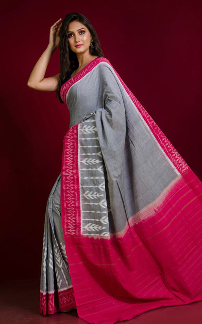 Mercerized Cotton Ikkat Pochampally Saree in Smoke Grey.