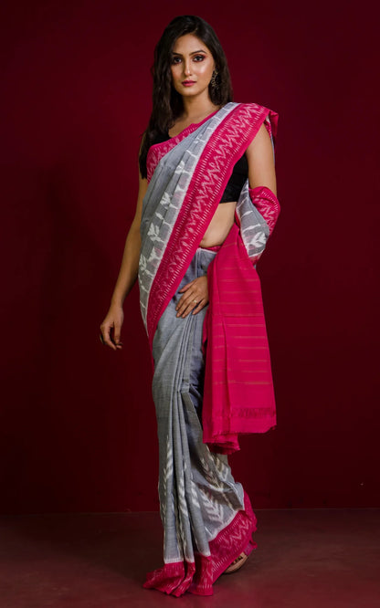 Mercerized Cotton Ikkat Pochampally Saree in Smoke Grey.