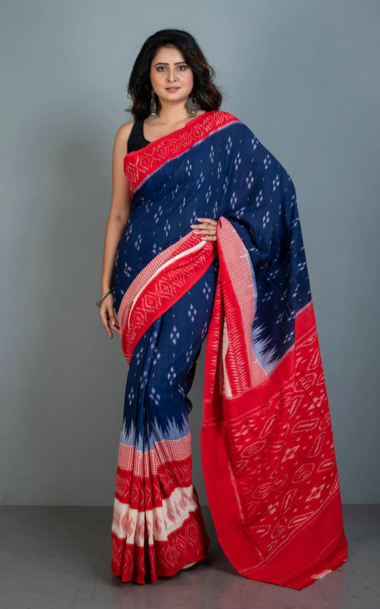 Soft Cotton Ikkat Pochampally Saree in Ink Blue and Red.
