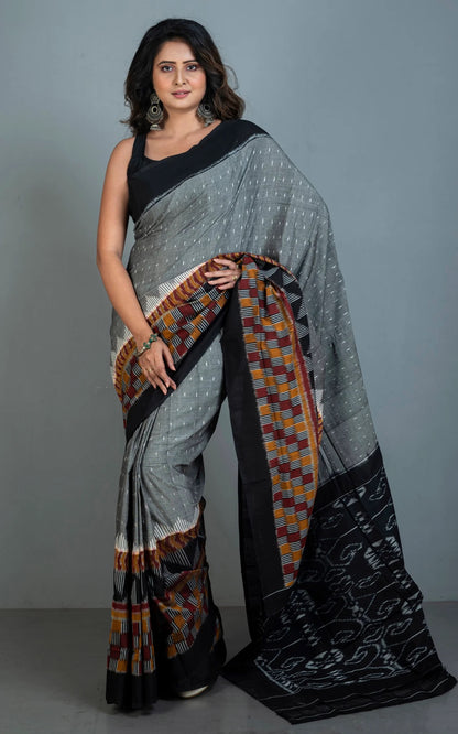 Mercerized Cotton Ikkat Pochampally Saree in Grey and Black.