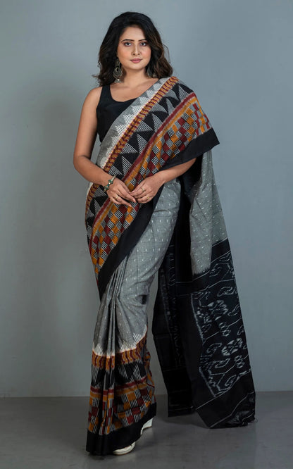 Mercerized Cotton Ikkat Pochampally Saree in Grey and Black.