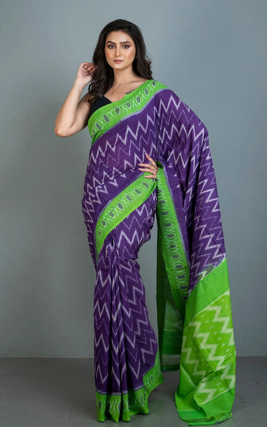 Mercerized Cotton Ikkat Pochampally Saree in Purple and Green.