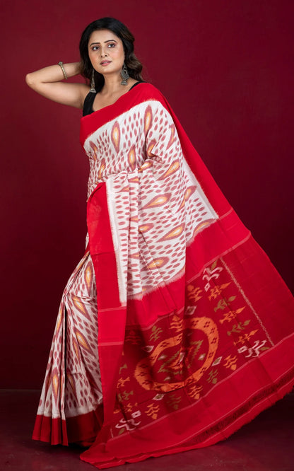 Mercerized Cotton Ikkat Pochampally Saree in Off White and Red.