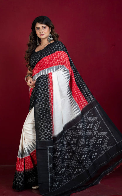 Mercerized Cotton Ikkat Pochampally Saree in Off White, Red and Black.