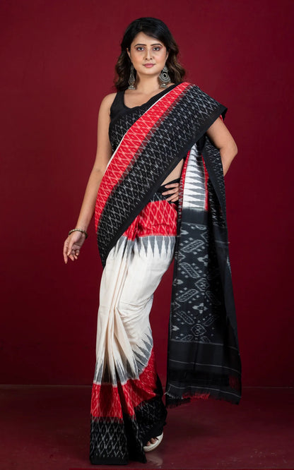 Mercerized Cotton Ikkat Pochampally Saree in Off White, Red and Black.