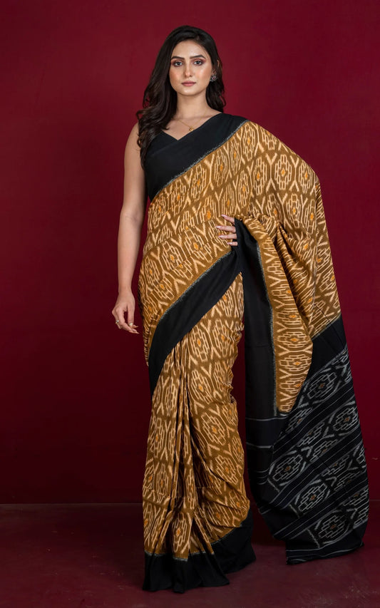 Mercerized Cotton Ikkat Pochampally Saree in Brown and Black.