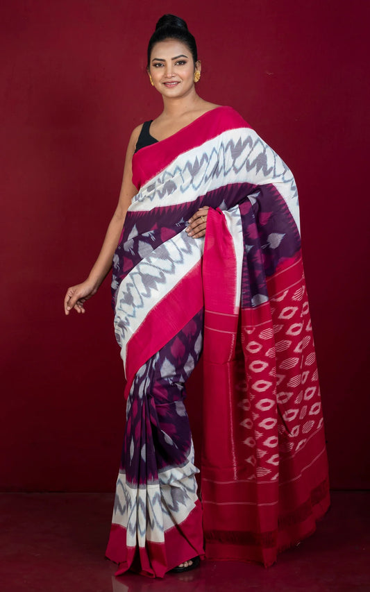 Soft Cotton Ikkat Pochampally Saree in Eggplant Purple.