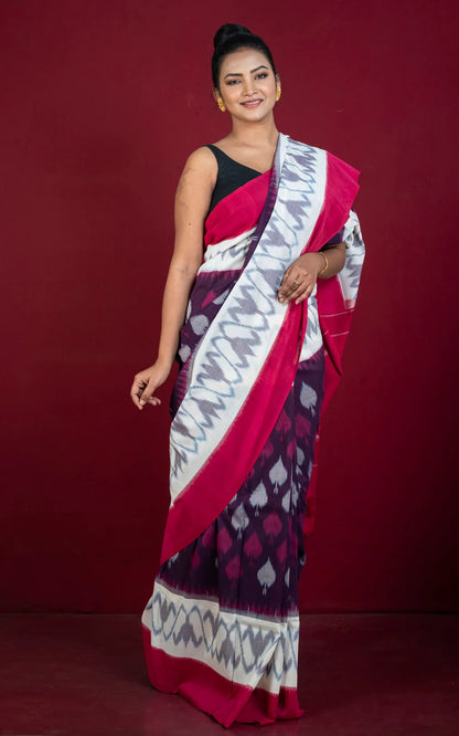 Soft Cotton Ikkat Pochampally Saree in Eggplant Purple.