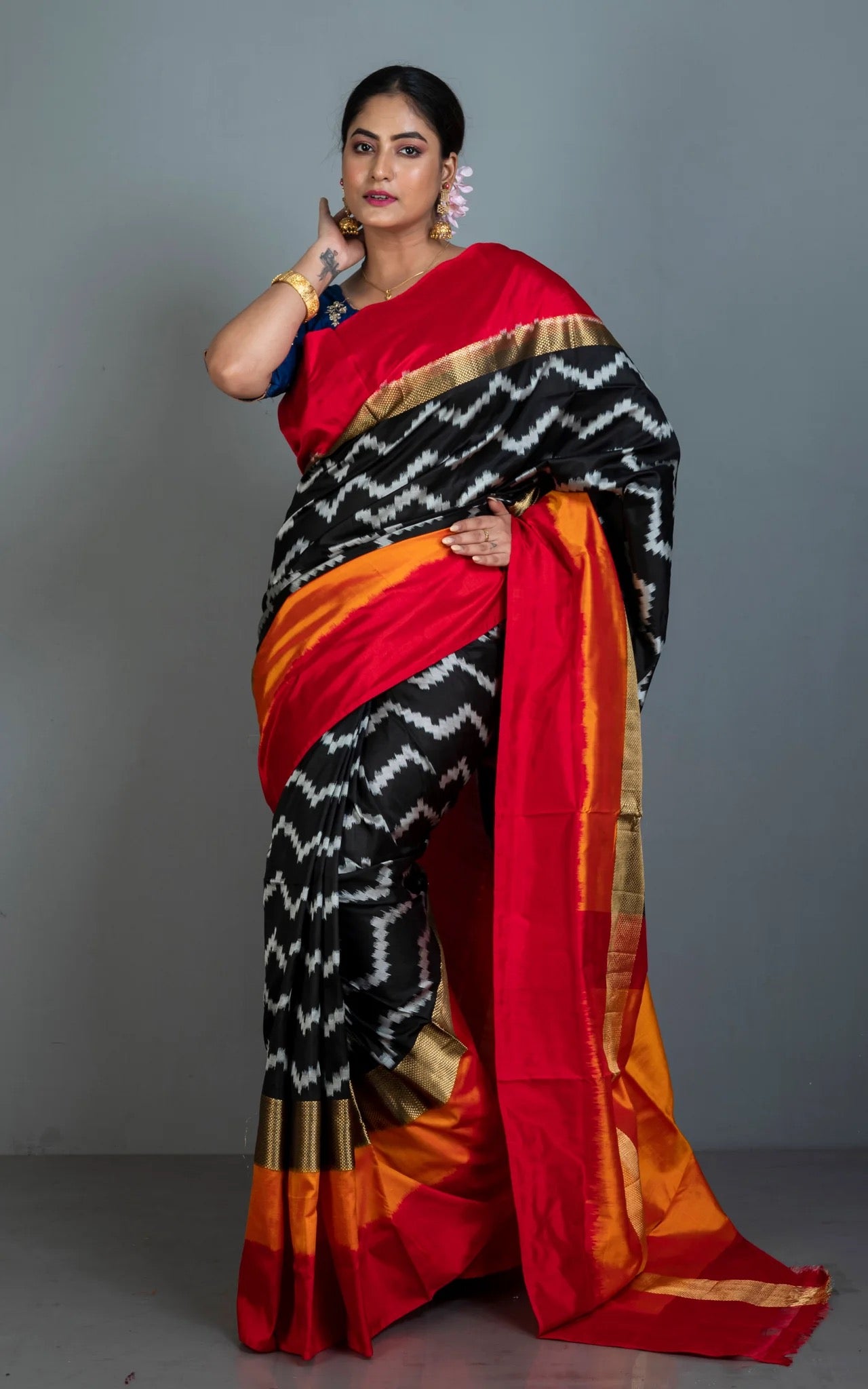 Black Pochampally Ikkat Silk Saree - Royal Threads Collection.