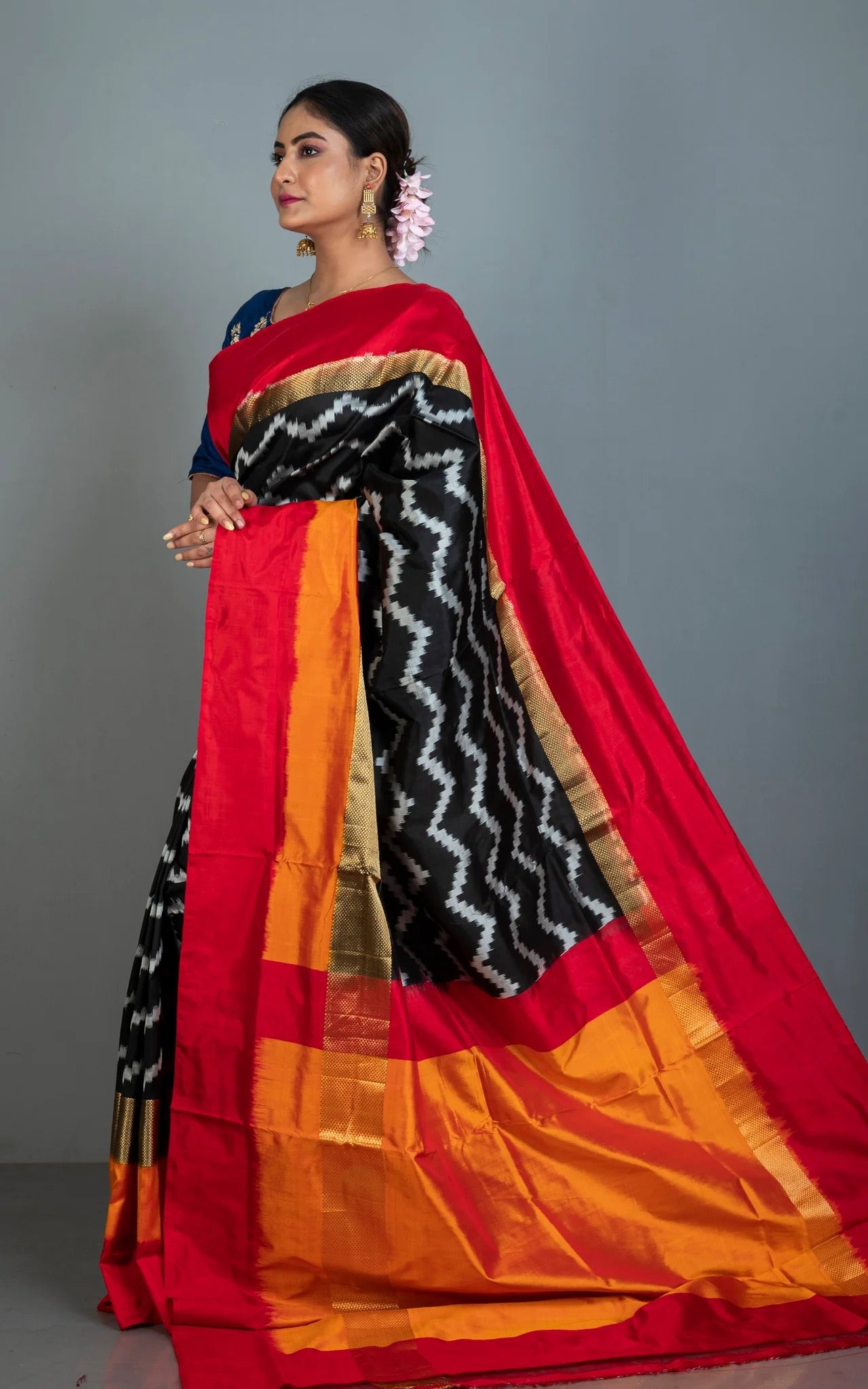 Black Pochampally Ikkat Silk Saree - Royal Threads Collection.
